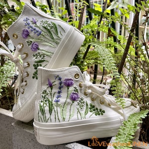 Custom Sneakers Platform/ Wedding Flowers Embroidered Shoes/ Lesbian Pride Flowers Embroidered Sneakers/ Wedding Flowers Embroidered Sneaker