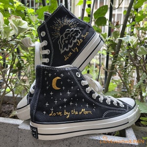 Custom Embroidered Sneakers / Magic of Sun, Moon and Stars embroidery design/ Custom Shoes  High Tops Taylor 1970s