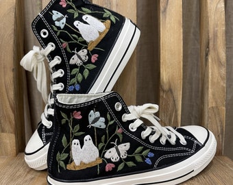 Custom Embroidered Converse Sneakers: Moth & Skull Design