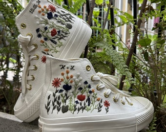 Custom Converse Platform/ Wedding Flowers Embroidered Platform Shoes/ Bridal Flowers Embroidered Sneakers/ Personalized Bridal Sneaker