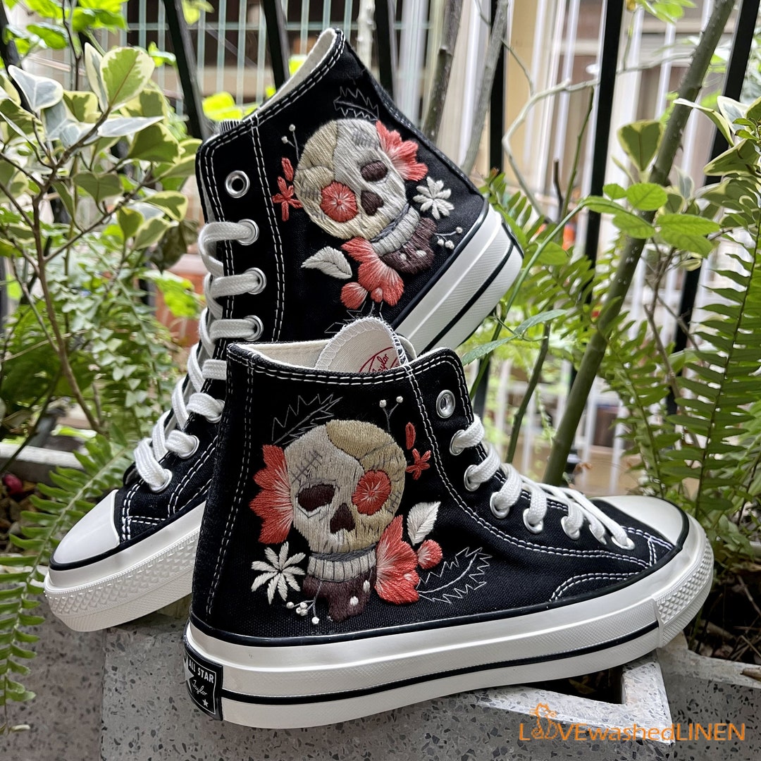 Consequential Clothing x Butterfly Effect Skull - Black High Tops - Custom  Converse Shoes