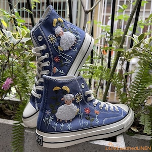 Custom Converse: Hand-Embroidered Sheep & Flowers Chuck Taylor Sneakers