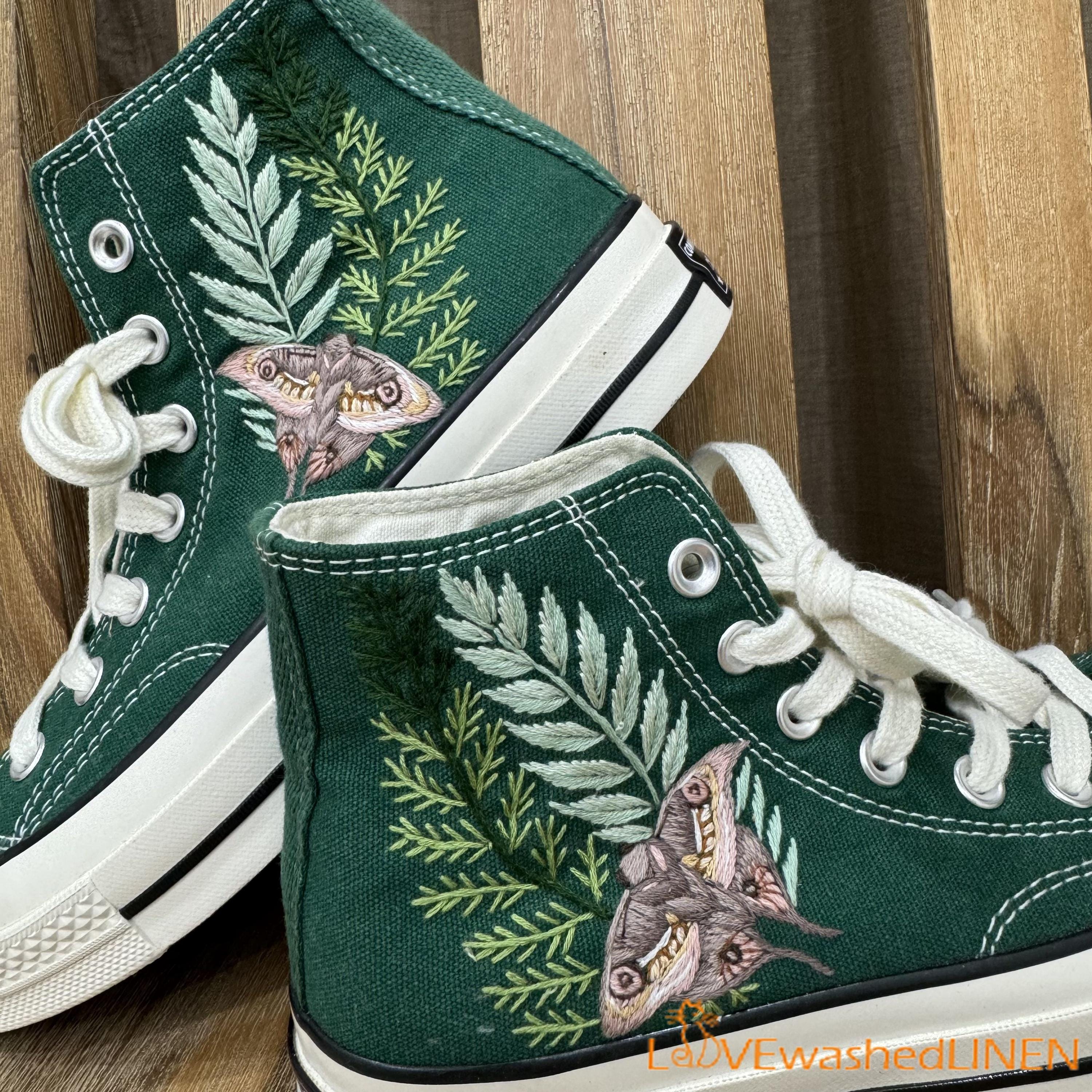 Custom Embroidered Converse Sneakers: Moth & Fern Design