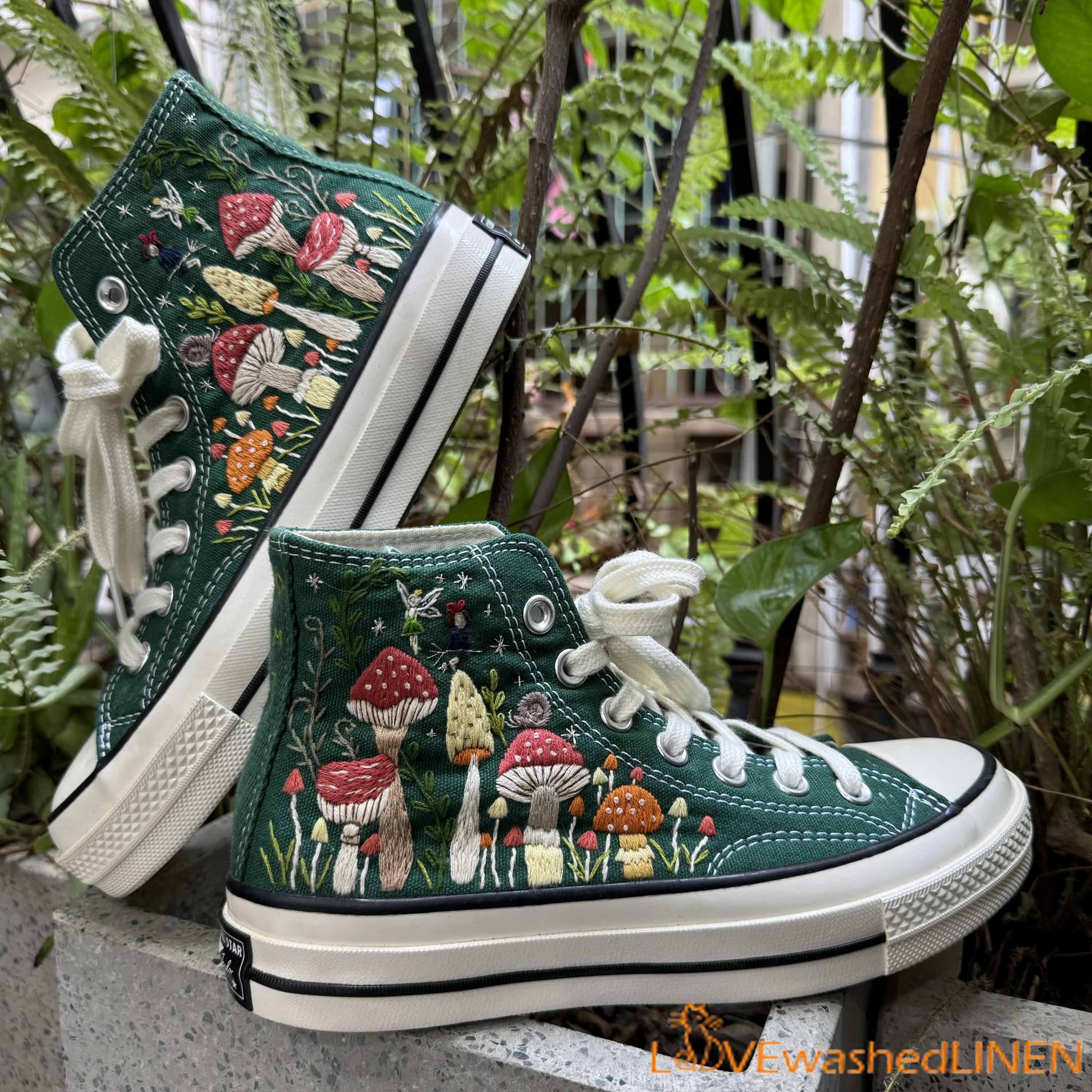 Mushroom Embroidered Converse 1970s, Cottagecore High Tops - Etsy