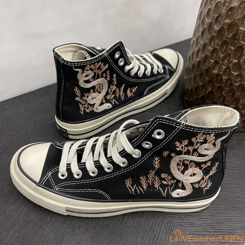 Custom Embroidered Converse High Tops Chuck Taylor 1970s/ Embroidered Snake Converse/ Custom Converse Chuck Taylor Embroidered Snake image 4