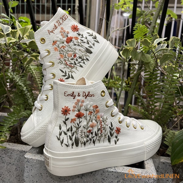 Custom Converse Platform/ Wedding Flowers Embroidered Platform Shoes/ Bridal Flowers Embroidered Sneakers/ Personalized Bridal Sneaker