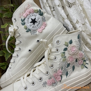 Embroidered Blush Pink Rose Wedding Sneakers: Personalized Bridal Converse High Tops