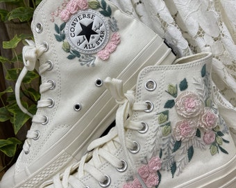 3 D Hand Embroidery Wedding Sneakers/ Wedding Flowers Embroidered Shoes/ Bridal Flowers Embroidered Sneakers Wedding Flowers