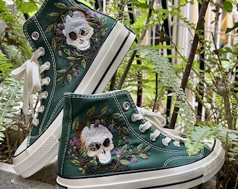 Embroidered Skull Converse Sneakers: Custom Floral Design