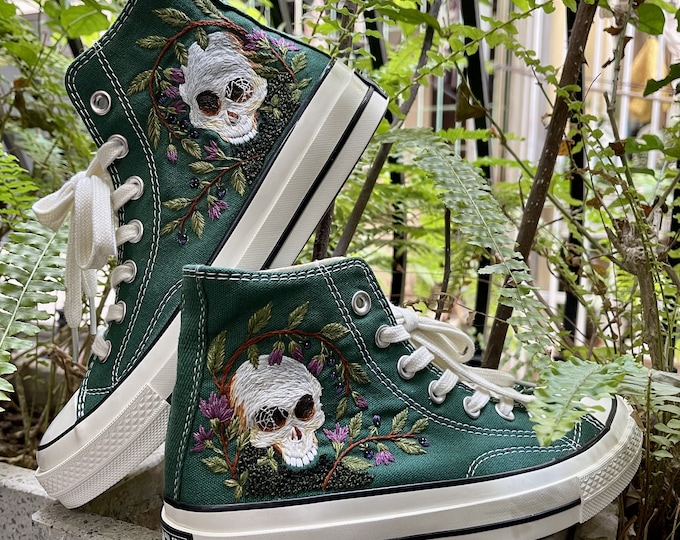 Embroidered Skull Converse Sneakers: Custom Floral Design