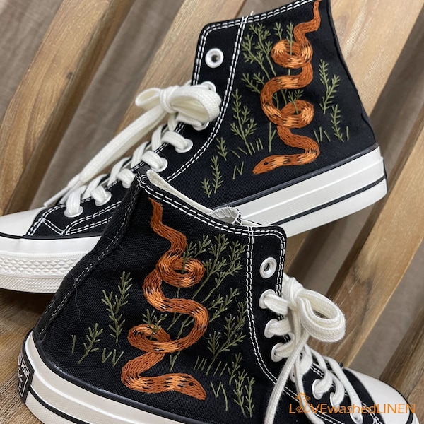 Custom Embroidered Converse High Tops Chuck Taylor 1970s/ Embroidered Snake Converse/ Custom Converse Chuck Taylor Embroidered Snake