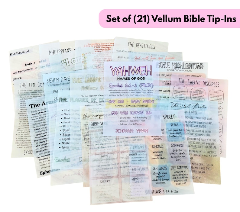 Bible Bundle, Vellum Paper Tip Ins, Bible Tip In, Bible Inserts, Bible Study Guides, Bible Study Resource, Set of (21) Bible Tip Ins image 1