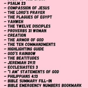 May include: A pink graphic lists items included in a Bible bundle. The list includes a Bible verse directory, stickers, a bookmark, and a cross paperclip. The text states the bundle includes 26 items.