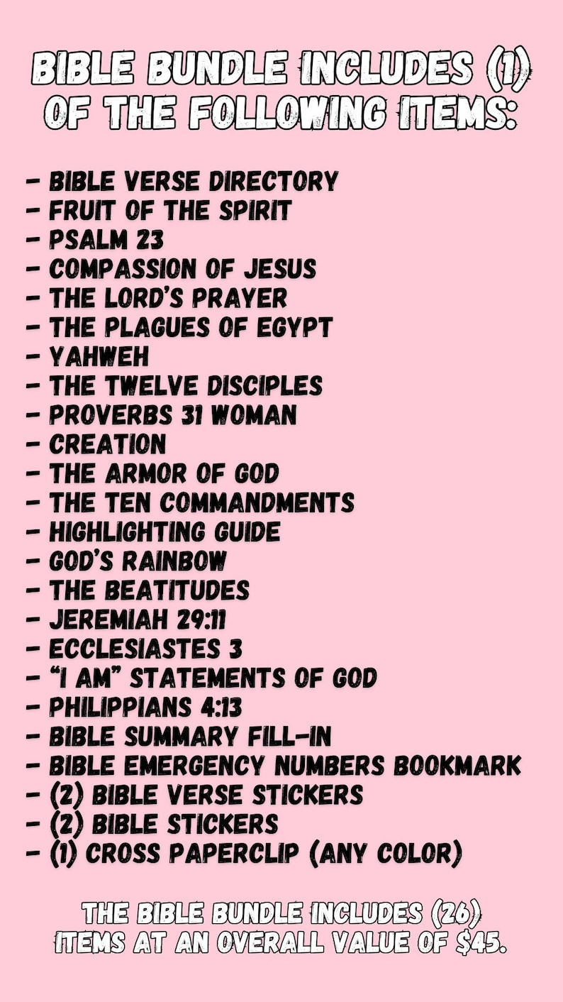 May include: A pink graphic lists items included in a Bible bundle. The list includes a Bible verse directory, stickers, a bookmark, and a cross paperclip. The text states the bundle includes 26 items.