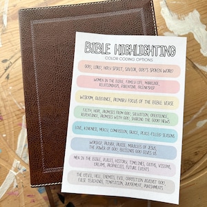 May include: A brown leather-bound Bible next to a color-coded guide titled "Bible Highlighting." The guide lists color-coding options for various biblical themes, including God, faith, love, and more. The guide is on a wooden surface.