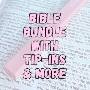 May include: A Bible bundle with tip-ins and more, featuring a pink highlighter pen resting on an open Bible. The text "Bible Bundle With Tip-Ins & More" is overlaid on the image.