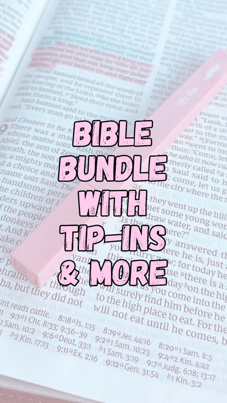 May include: A Bible bundle with tip-ins and more, featuring a pink highlighter pen resting on an open Bible. The text "Bible Bundle With Tip-Ins & More" is overlaid on the image.