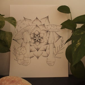 May include: A black and white line drawing of three mushrooms with a mandala design in the background. The mushrooms have a dotted pattern on their caps.