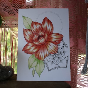 Heilige robijnbloemenprint, mandalabloem, stippenkunst