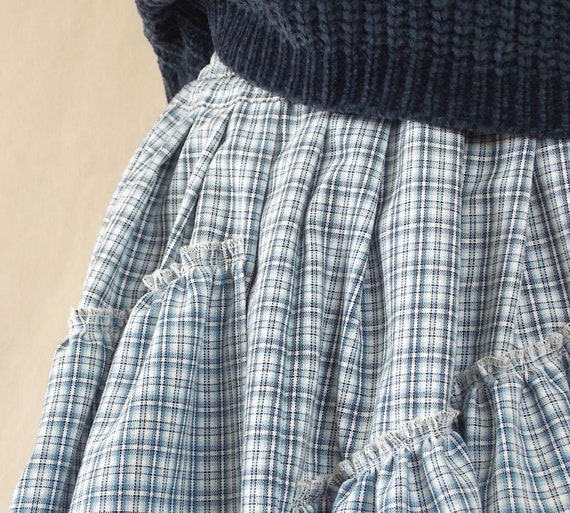 full length blue plaid skirt