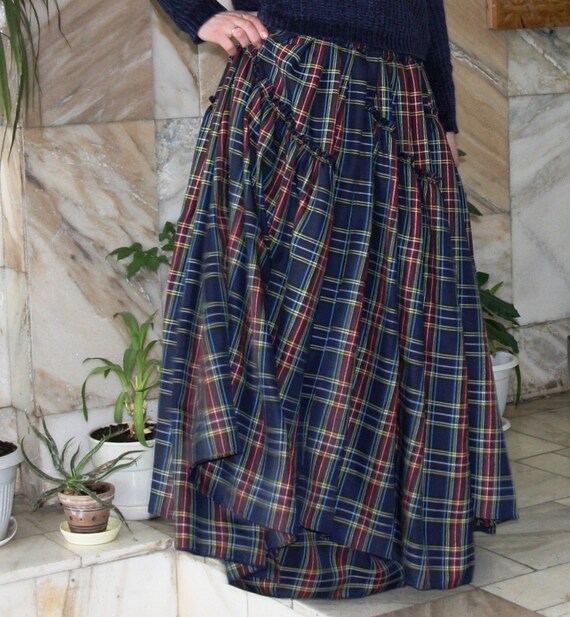 full length blue plaid skirt