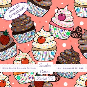 May include: Seamless pattern featuring cupcakes with various toppings, including cherries, strawberries, and chocolate sprinkles. The cupcakes have white, pink, and brown frosting. The background is a light coral color. The image includes the text "Instant Download" and "Seamless Pattern".