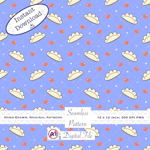 May include: A seamless digital pattern featuring dumplings, orange hearts, and white dots on a light blue background. The design includes the text "Instant Download" and "Seamless Pattern Digital File". The artwork is hand-drawn.