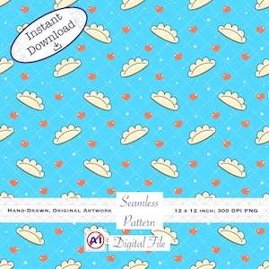 May include: Seamless pattern design featuring dumplings and hearts on a light blue background. The design includes the text "Instant Download" and "Seamless Pattern Digital File". The artwork is hand-drawn and measures 12 x 12 inches.