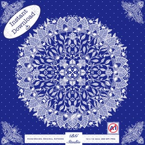 Op de afbeelding: Een wit bloemen mandala-ontwerp op een donkerblauwe achtergrond met witte stippen. Het ontwerp bevat bladeren, bloemen en ingewikkelde patronen. De afbeelding bevat de tekst "Instant Download" en "B.G. Studio".