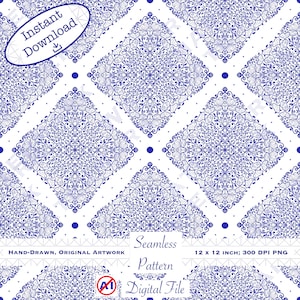 May include: A seamless digital pattern featuring a repeating design of blue floral motifs on a white background. The pattern includes the text "Instant Download" and "Seamless Pattern Digital File". The artwork is hand-drawn and measures 12 x 12 inches.