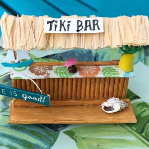 Tiny Tiki Bar Craft Kit Handmade Christmas Ornament-Miniature Scene-Free Standing Decor 2 in. Size Hawaiian Luau Cake Topper image 1