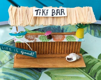 Tiny Tiki Bar Craft Kit-  Handmade- Christmas Ornament-Miniature Scene-Free Standing Decor- 2 in. Size- Hawaiian Luau- Cake Topper