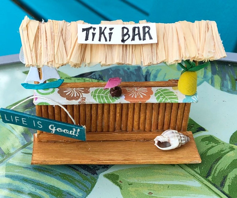 Tiny Tiki Bar Craft Kit Handmade Christmas Ornament-Miniature Scene-Free Standing Decor 2 in. Size Hawaiian Luau Cake Topper image 1