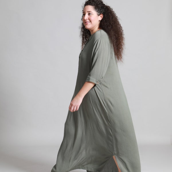 olive green  Gallabia Maxi  Dress, Maxi Crinkle Dress Plus Size , Jellabiya Dress  linene clothing Light cotton beachwear summer vacation