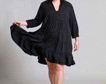 Black Midi dress for women with, mix cotton fabric, Curvey size dress, viscose fabric , multi tier large size, Little black dress
