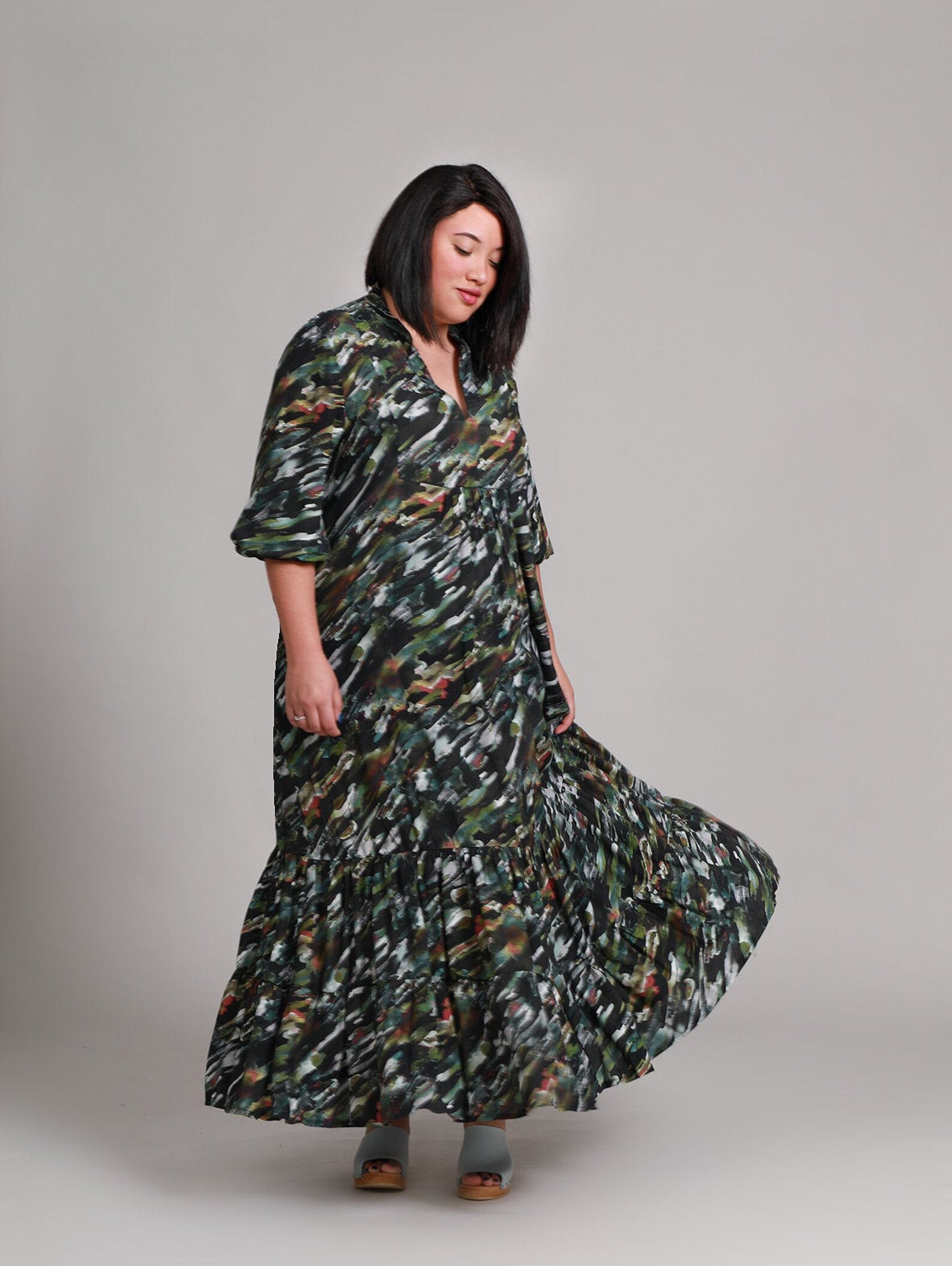 Earth colors print maxi dress with Pockets Plus Size Long | Etsy