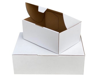 Die-Cut Mailing Boxes in White, Various Sizes (100 pcs). Our mailer boxes can be used for postage and gift packaging.