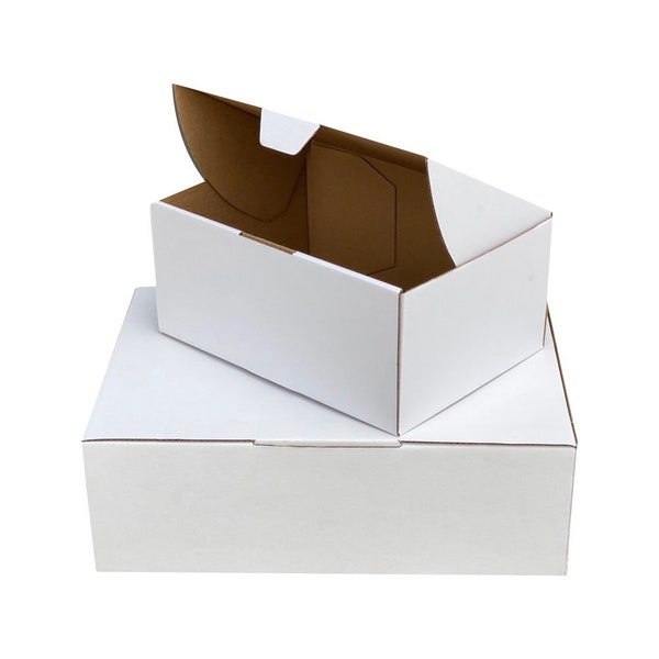 Die-Cut Mailing Boxes in White, Various Sizes (100 pcs). Our mailer boxes can be used for postage and gift packaging.