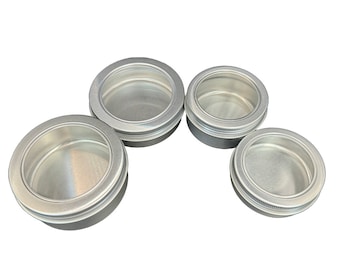 Silver Aluminium Tins with See-Through Lids, Small Round Container, Various Size. These durable containers are perfect for cosmetics, etc.