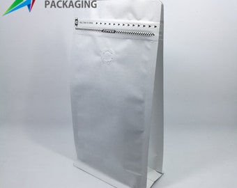 White Paper Flat Bottom Coffee Bag with Valve, Pull-Tab Zipper, Foil Lined (100 pcs). Perfect for Premium Coffee Brands & Retailers.