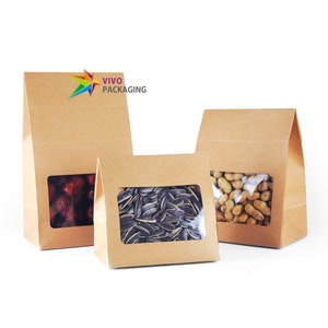 Kraft Paper Stand Up Bag with Clear Window (100 pcs). 3 Adjustable Heights for Versatile Storage. Eco-Friendly Product Packaging Solution.
