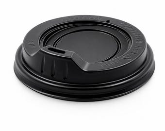 May include: A circular black plastic coffee cup lid featuring a raised drinking spout, a small air vent hole, and embossed text that reads CAUTION CONTENTS HOT and SIP THRU. The lid has a smooth, matte finish with a recessed centre circular area.
