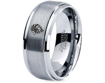 Leo King Lion trouwring zilver, wolfraamring, grijze sieradenring, lasergegraveerde ring, herenring, beloftering, jubileumgeschenken