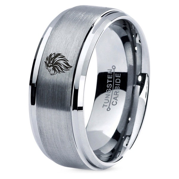 Leo King Lion Wedding Band Silver, Tungsten Ring, Gray Jewelry Ring, Laser Engraved Ring, Mens Ring, Promise Ring, Anniversary Gifts