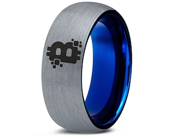 Cryptocurrency Bitcoin Ring - Dome Mens Wedding Band - Cute Tungsten Ring - Silver Blue Ring - Top Engraved Ring - Best Birthday Gifts Idea