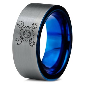 Gear Wrench Line Ring - Tungsten Mens Wedding Ring - Blue Tungsten Ring - Laser Marking Ring - Best Gift Ideas For Mechanic