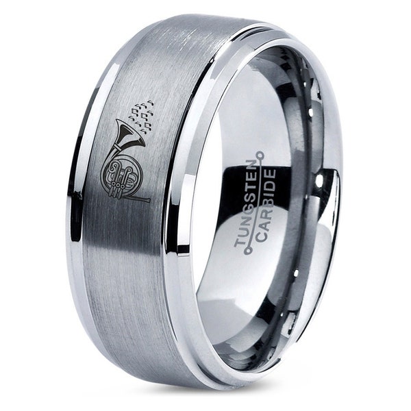 Music French Horn Ring | Mens Wedding Band Silver | Brushed Tungsten Ring Band | Rings For Musician | Engraved Ring | Gifts | Free Shipping