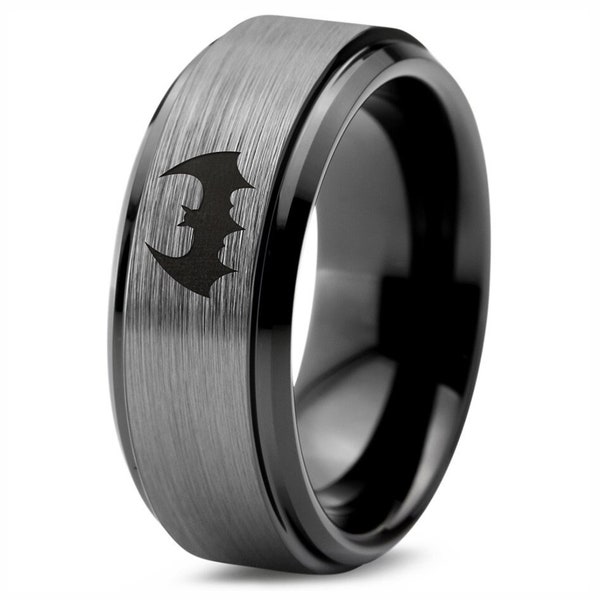 Flying Bat Ring - Bat Bird Ring - Grey Wedding Band Sets For Him and Her - Engraved Ring - Black Tungsten Rings For Men - Free Shipping