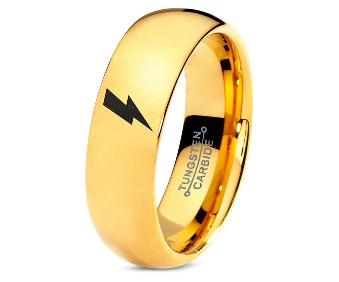 Lightning Bolt Ring Yellow Gold Wedding Ring Men 7mm Tungsten Carbide