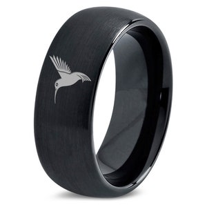 Humming Bird Ring, Black Mens Wedding Ring, Dome Black Tungsten, Unique Ring, Wedding Rings For Women, Gift For Daughter, Free Shipping